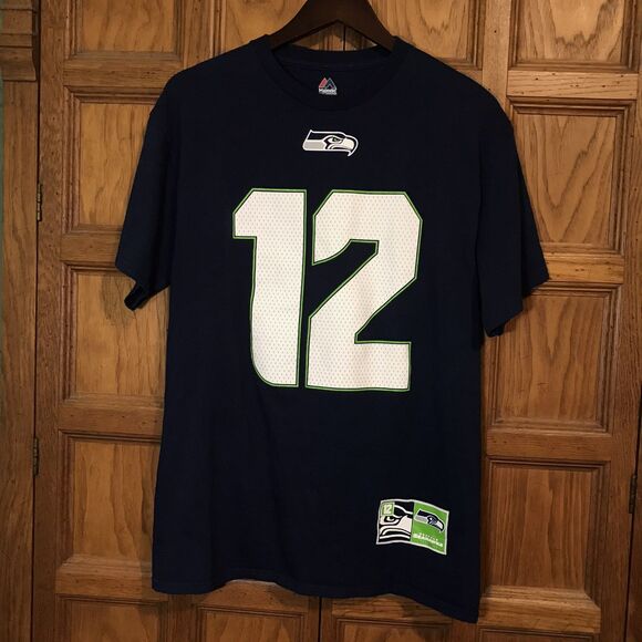 Seattle Seahawks NFL Navy Blue 12th Player FAN Adult Lg. Majestic Brand T Shirt - Picture 5 of 12